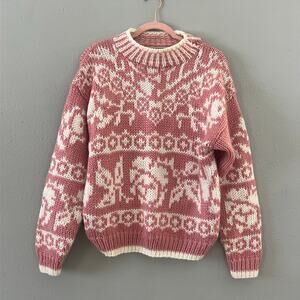 Vintage Paris Sport Club Hand-Knit Sweater Women’s Size L Pink Floral Novelty